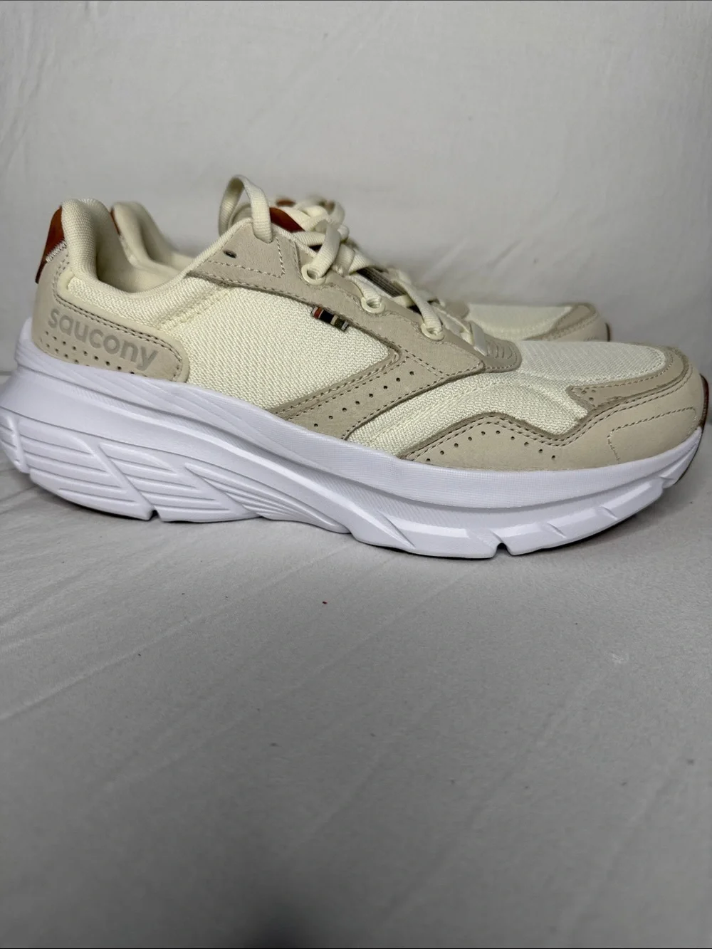 Saucony PWRrun Cream White Athletic Sneakers with Tan Accents